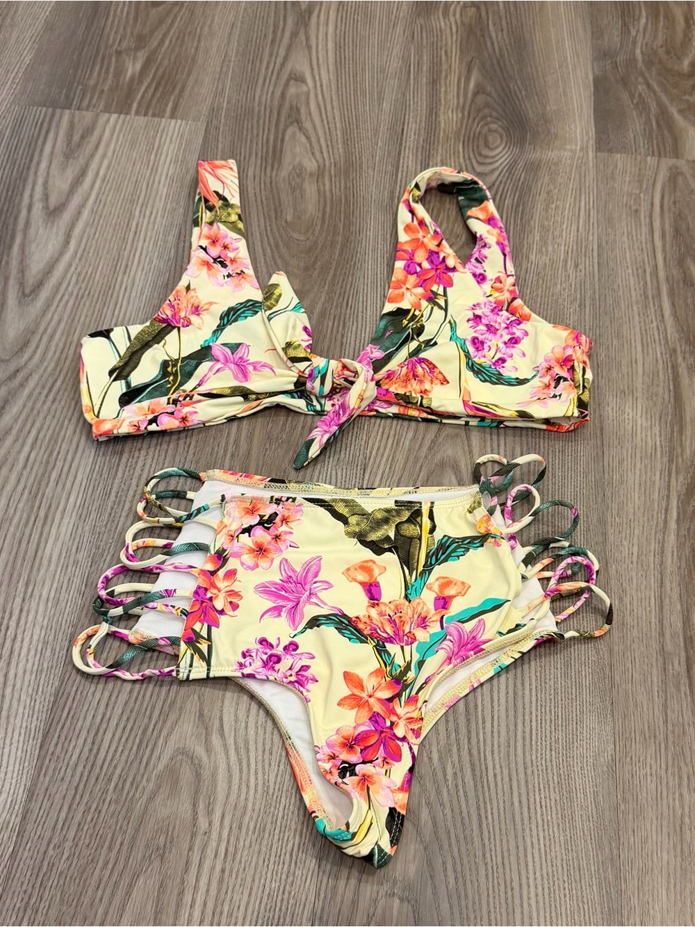 Floral High-Waist Strappy Bikini Set - Yellow & Pink